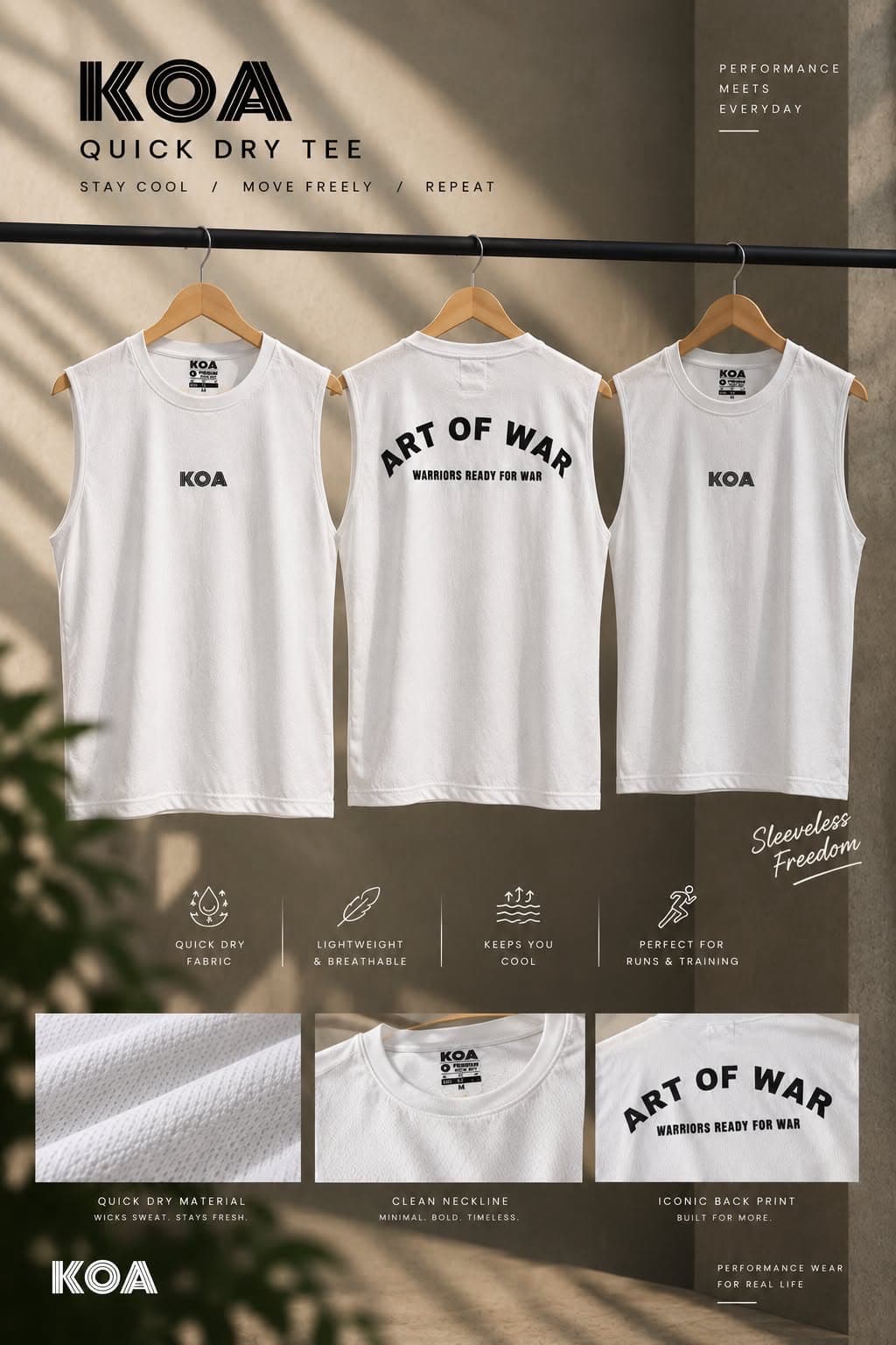 Three white KOA Quick Dry sleeveless tees on hangers, front logo and “Art of War” back print, with fabric close-ups